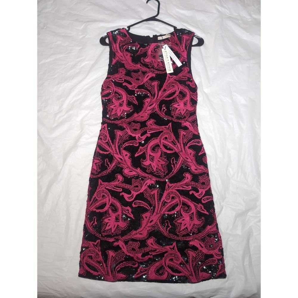 NWT Alice and Olivia by Stacey Bendet Pink Stitch Black Sequin Dress Sz 8 $695